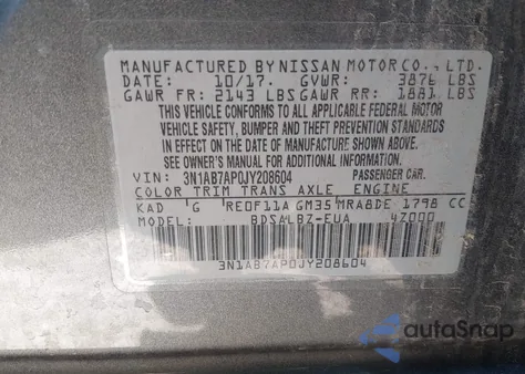 2018 Nissan Sentra S z USA, uszkodzony, nr VIN 3N1AB7AP0JY208604